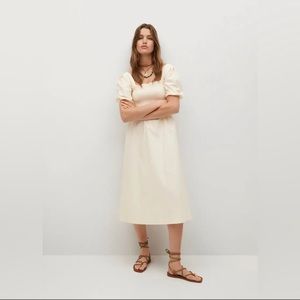 MANGO Beige Smocked Short Puff Sleeve Square Neck Midi Dress Size S (4)